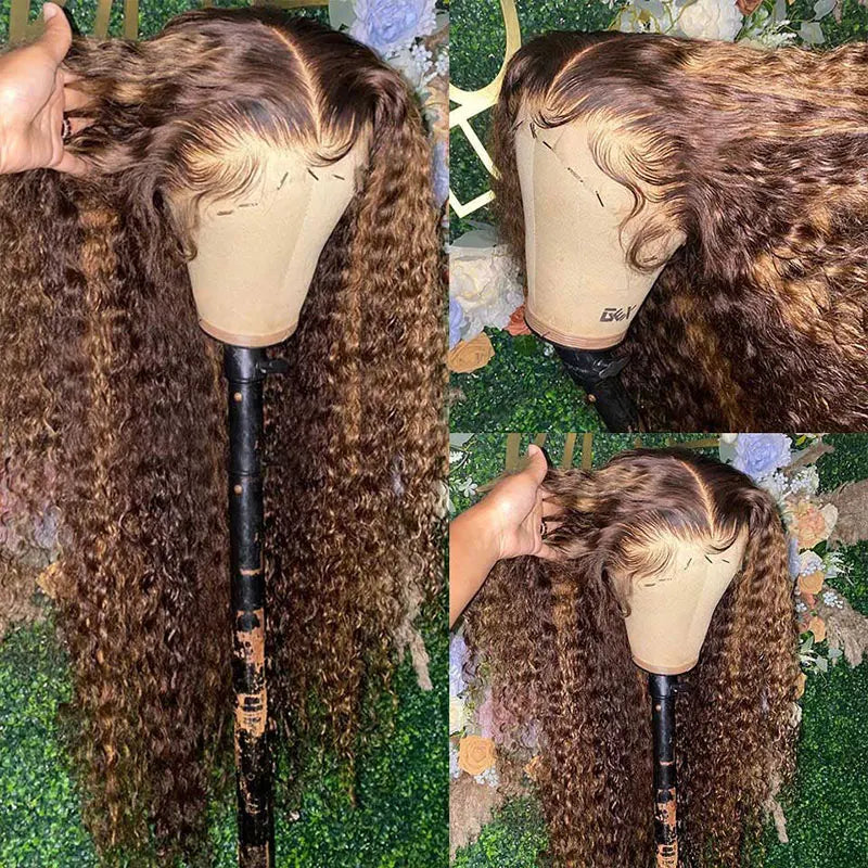 Honey Blonde Water Wave Lace Front Curly Wigs